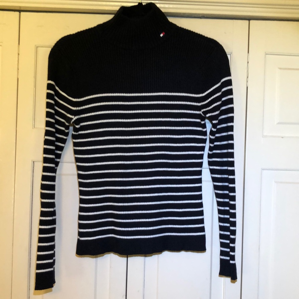 Tommy Hilfiger Ribbed Striped Cotton Mock Turtleneck Sweater Navy White SZ S R1